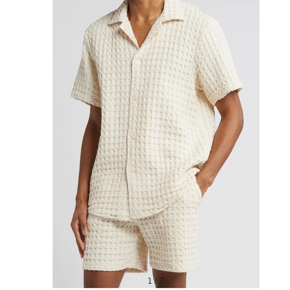 OAS Ecru Cuba Waffle Shirt Porto Shorts Set XS Cotton Camp‎ Short Sleeve Cream